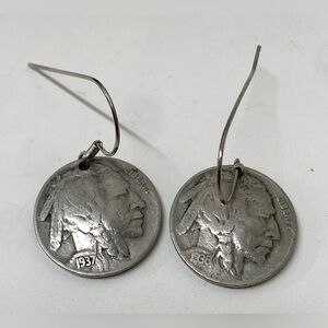 Pair of 1936/1937 Bullet Shot Buffalo Nickel Earrings Handmade Unused Vintage